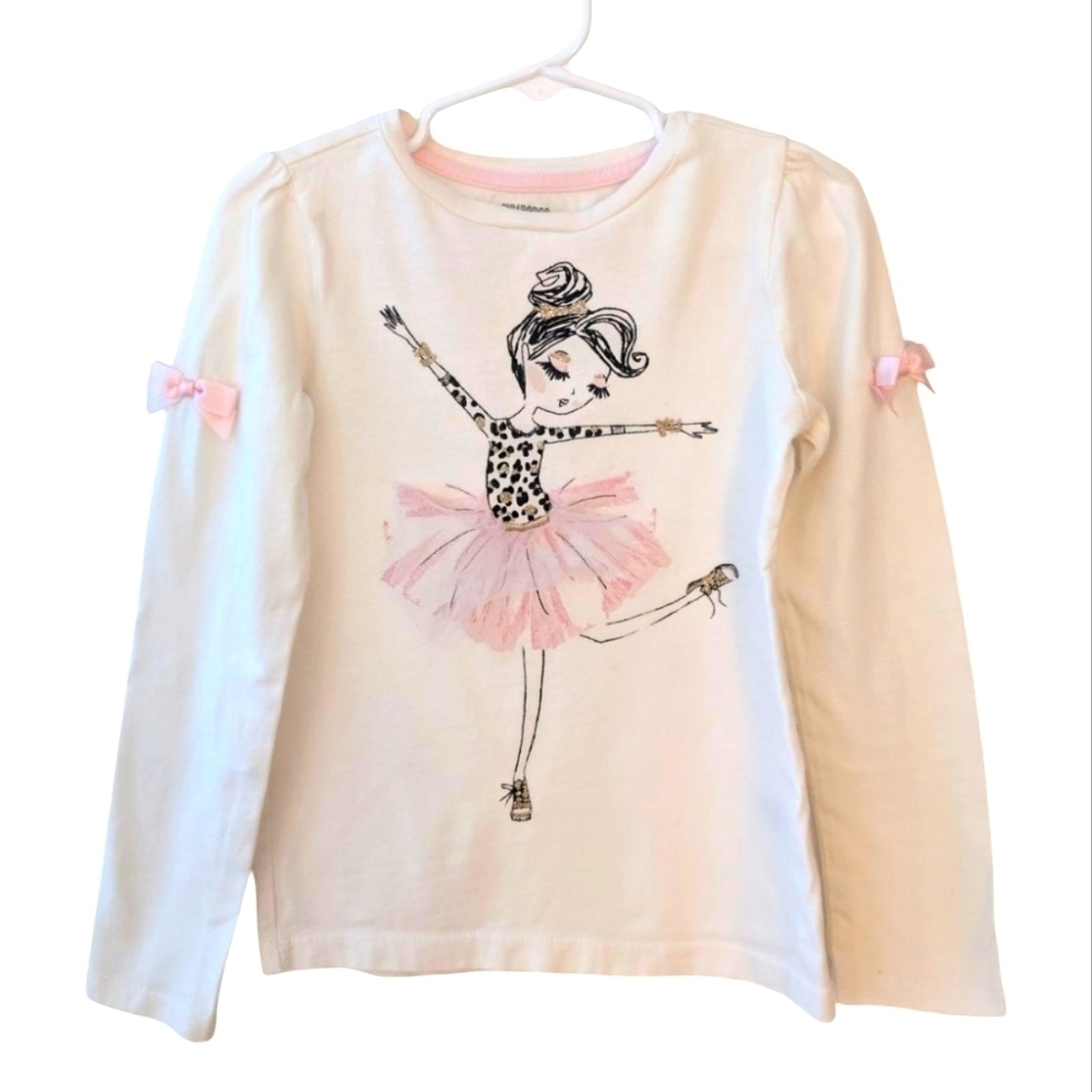 Gymboree Girls Cotton Long Sleeve Pink and Off White Ballerina Tee Size 5T